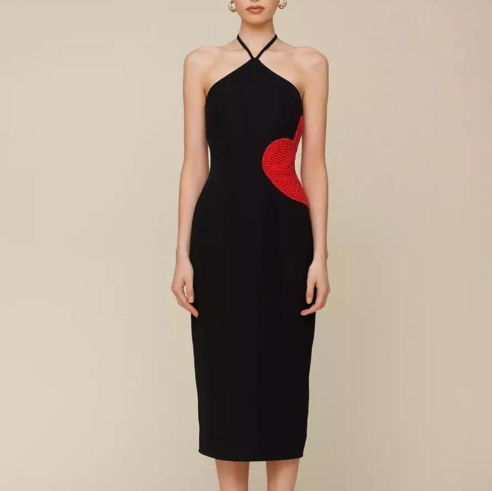 Avec Les Filles Heart Appliqué Halter Midi Dress in black and red Sz 8